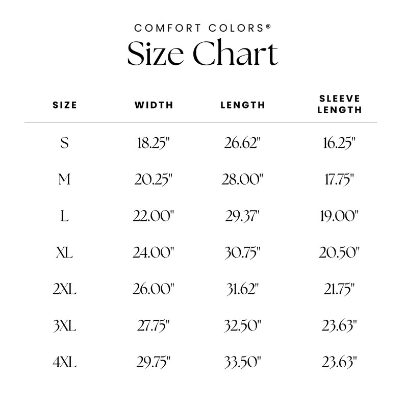 Pu&ograve; includere: Tabella delle taglie per abbigliamento con misure in pollici per larghezza, lunghezza e lunghezza della manica. Le taglie includono S, M, L, XL, 2XL, 3XL e 4XL.