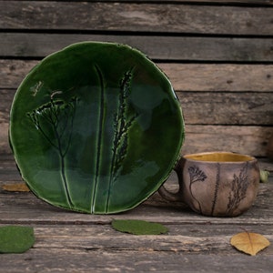 Ceramic mug and plate set Handmade pottery dishes, green plate, mugs handmade, Nature pottery, Leaf pottery, Botanical mug, Floral plate image 1