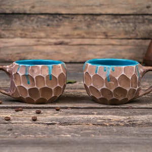 Set of two handmade pottery mugs with blue drips Ceramic mugs handmade, unique uneven clay mug, coffee drip mug, Convex mugs set image 1