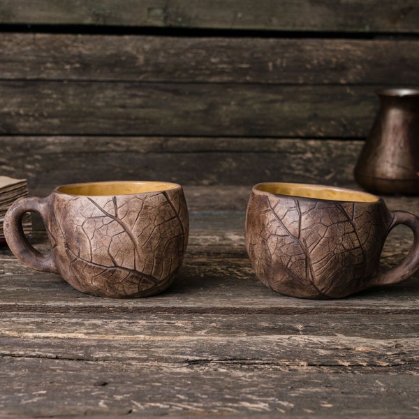 Set of two pottery mugs with plant impressions || Unique ceramic mug, Leaf mug, Unique-mugs handmade, Fall mug, Autumn Mug, clay coffee mugs