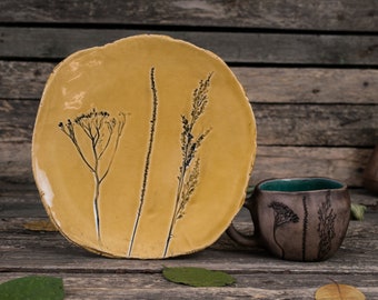 Handmade clay dishes || Floral set of ceramics, Nature pottery set, Plants imprint mug, Pottery mug handmade, Turquoise mug, Botanical set