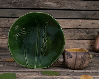 Ceramic mug and plate set || Handmade pottery dishes, green plate, mugs handmade, Nature pottery, Leaf pottery, Botanical mug, Floral plate