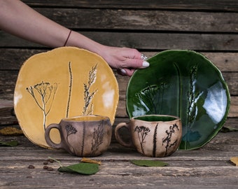 Clay mug Set of handmade ceramic dishes || Leaf pottery Leaf plate handmade Clay bowl Unique clay dinner set with leaf impressions