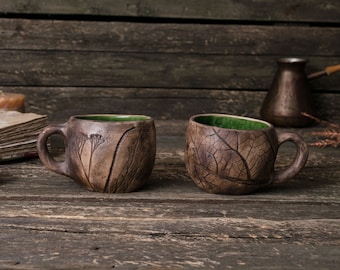 Set of two pottery mugs with plant impressions || ceramic leaf mugs, organic ceramics, coffee mug, botanical mug, green mug, handmade mugs