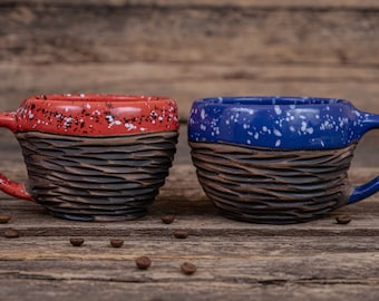 Handmade pottery | Cute ceramic two coffee mugs set, red and blue mug, gift for coffee lovers, sweet couple gift, bright good mood gift