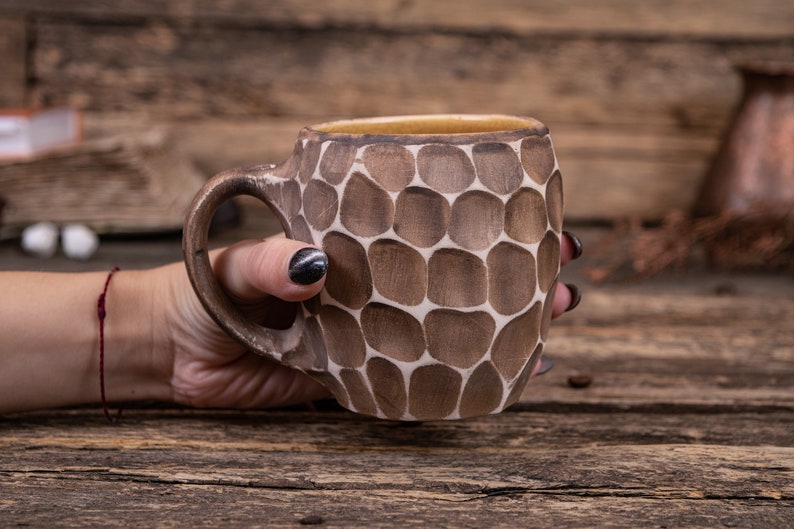 Minimalist stylish ceramic mug handmade clay mug, stoneware 11.83 oz mug, tall coffee mug, Hygge ceramic mug, yellow honeycomb mug Yellow