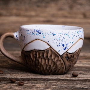 clay mountain mug pottery coffee cup, Nature ceramic mug, mountains lover gift, snow winter mug, snowy mountains mug, white dotted mug image 1