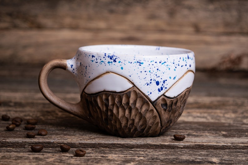clay mountain mug pottery coffee cup, Nature ceramic mug, mountains lover gift, snow winter mug, snowy mountains mug, white dotted mug image 1