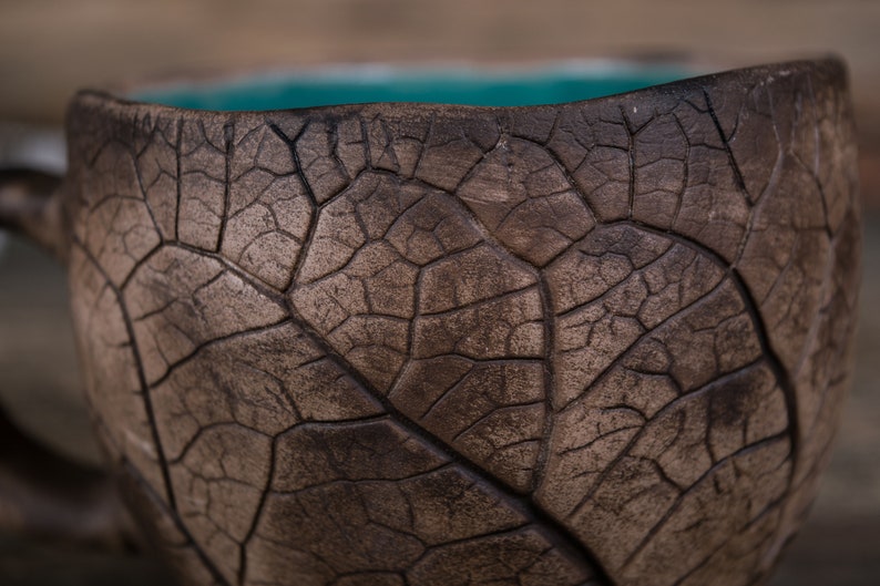 Handmade ceramic mug Pottery mug with leaf impressions, Unique leaf mug, Turquoise coffee mugs, Plant mug, Botanical mug, Nature clay mug image 6