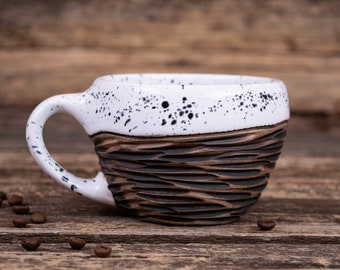 Ceramic coffee mug || White dotted mug, Mother Day gift, Self gift, Black and white mug, Hygge mug, Textured coffee mug