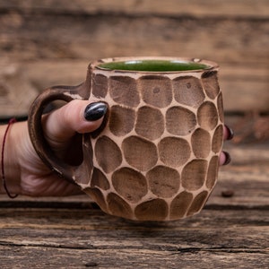 Minimalist stylish ceramic mug handmade clay mug, stoneware 11.83 oz mug, tall coffee mug, Hygge ceramic mug, yellow honeycomb mug Green