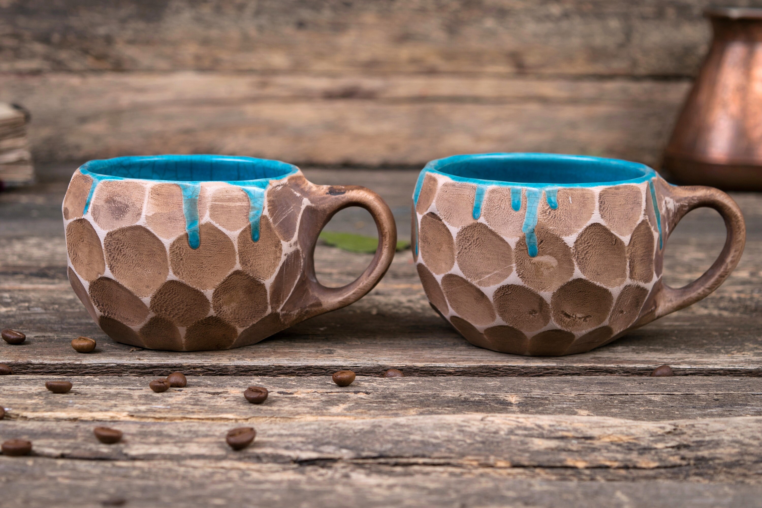 Set of two handmade pottery mugs with blue drips Ceramic Etsy