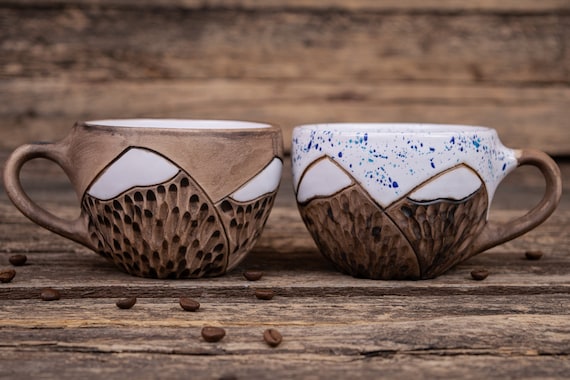 Two Mountain mugs || unique ceramic mugs, winter coffee mug, Winter wonderland cups, clay cappuccino mug, coffee lovers gift