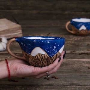 clay mountain mug pottery coffee cup, Nature ceramic mug, mountains lover gift, snow winter mug, snowy mountains mug, white dotted mug Blue