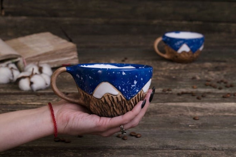 clay mountain mug pottery coffee cup, Nature ceramic mug, mountains lover gift, snow winter mug, snowy mountains mug, white dotted mug Blue