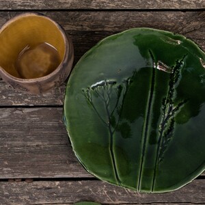 Ceramic mug and plate set Handmade pottery dishes, green plate, mugs handmade, Nature pottery, Leaf pottery, Botanical mug, Floral plate image 4