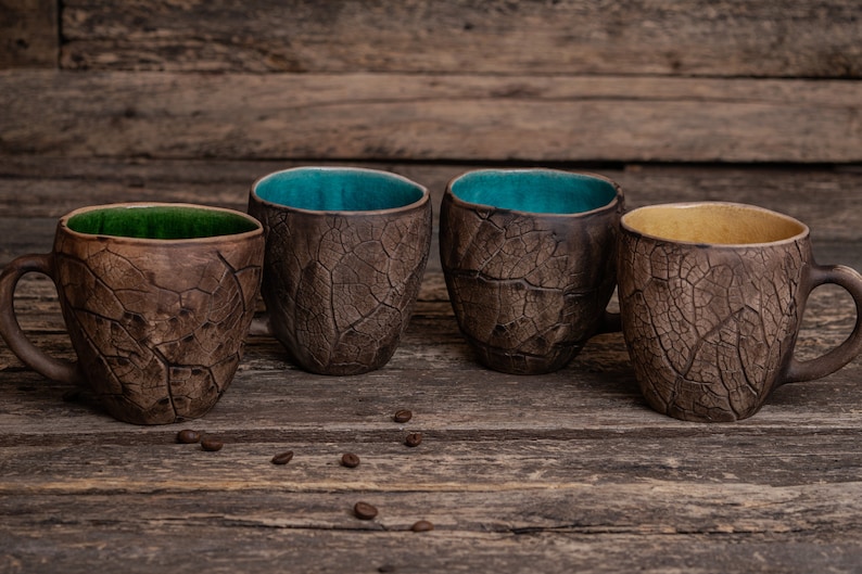 Handmade ceramic mug Pottery mug with leaf impressions, Unique leaf mug, Turquoise coffee mugs, Plant mug, Botanical mug, Nature clay mug image 9