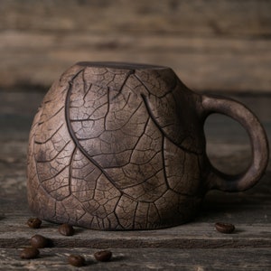 Handmade ceramic mug Pottery mug with leaf impressions, Unique leaf mug, Turquoise coffee mugs, Plant mug, Botanical mug, Nature clay mug image 2