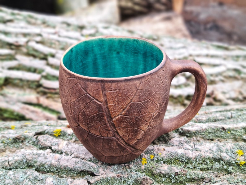 Big pottery leaf mug Handmade ceramic coffee mug, Pottery mug with leaves impressions, Nature mug, Unique clay mug, Autumn mug, Fall mug image 10