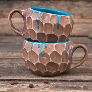 Set of two handmade pottery mugs with blue drips Ceramic mugs handmade, unique uneven clay mug, coffee drip mug, Convex mugs set image 8