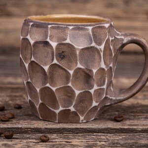 Minimalist stylish ceramic mug handmade clay mug, stoneware 11.83 oz mug, tall coffee mug, Hygge ceramic mug, yellow honeycomb mug image 3
