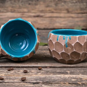 Set of two handmade pottery mugs with blue drips Ceramic mugs handmade, unique uneven clay mug, coffee drip mug, Convex mugs set image 7