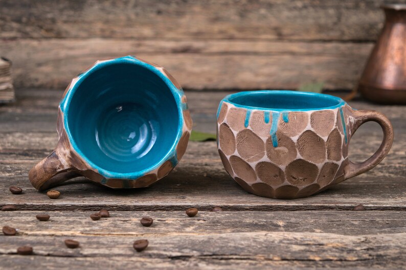 Set of two handmade pottery mugs with blue drips Ceramic mugs handmade, unique uneven clay mug, coffee drip mug, Convex mugs set image 7