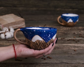 Ceramic Mountain mug  || Unique pottery ribbed mug, organic clay mug, Nature ceramic mug, winter snow mug, mountain lover gift, gift for him