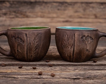 handmade mugs set || two mugs set, herbs clay mugs, ceramic floral mugs, clay coffee mugs, unique couple gift, plant coffee mug