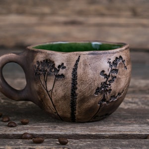 ceramic plant mug  || Unique pottery mug, Nature ceramic mug, Clay coffee mug, Stoneware botanical mug, leaves wildflowers mug