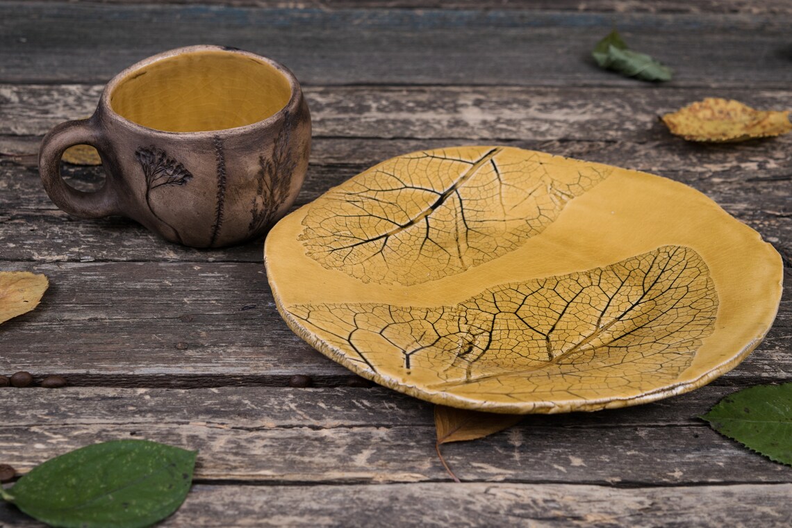 Unique set of ceramic dishes with plant impressions Set of Etsy