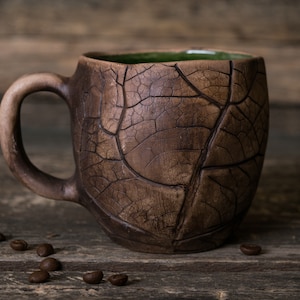 Big pottery leaf mug Handmade ceramic coffee mug, Pottery mug with leaves impressions, Nature mug, Unique clay mug, Autumn mug, Fall mug image 8