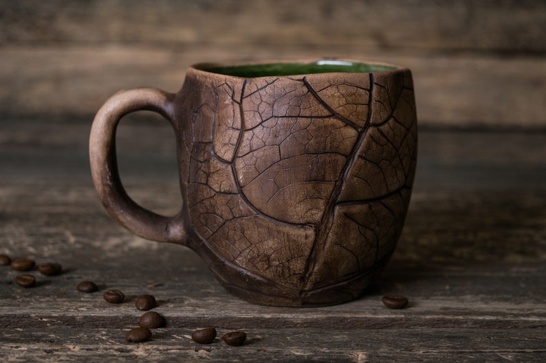 Big pottery leaf mug Handmade ceramic coffee mug, Pottery mug with leaves impressions, Nature mug, Unique clay mug, Autumn mug, Fall mug image 8