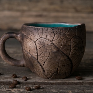 Handmade ceramic mug Pottery mug with leaf impressions, Unique leaf mug, Turquoise coffee mugs, Plant mug, Botanical mug, Nature clay mug image 1