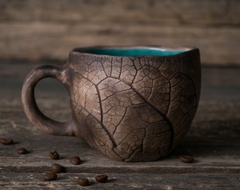 Handmade ceramic mug || Pottery mug with leaf impressions, Unique leaf mug, Turquoise coffee mugs, Plant mug, Botanical mug, Nature clay mug