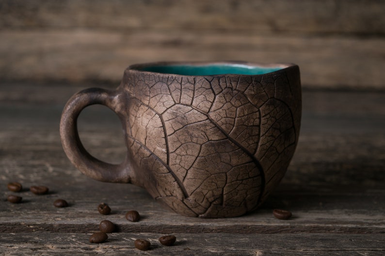 Handmade ceramic mug Pottery mug with leaf impressions, Unique leaf mug, Turquoise coffee mugs, Plant mug, Botanical mug, Nature clay mug image 1