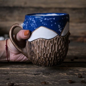 Mountain mug Ceramic mug handmade, Nature pottery, Everest mug, Ribbed handmade ceramics, Unique eco friendly ceramics, clay tea cup Blue