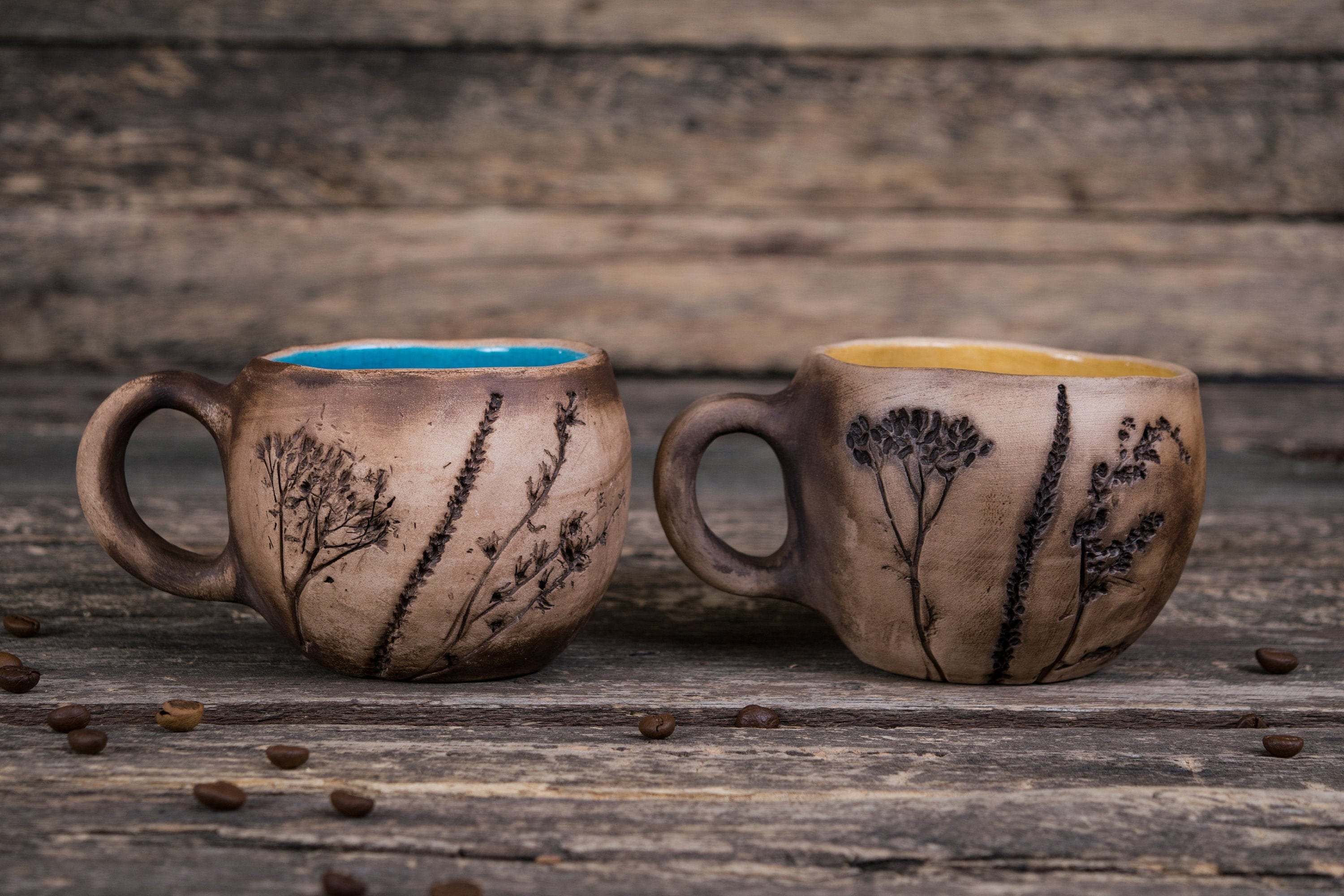 Set of 2, Handbuilt Stoneware Flowers Cups With Handle, Hand