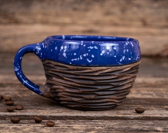 Blue ceramic Galaxy mug || Handmade pottery blue coffee mug, Navy blue ribbed clay mug, Christmas gift, unique magic mug, organic ceramics