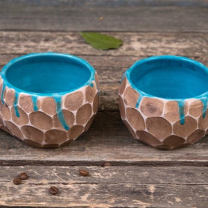 Set of two handmade pottery mugs with blue drips Ceramic mugs handmade, unique uneven clay mug, coffee drip mug, Convex mugs set image 10