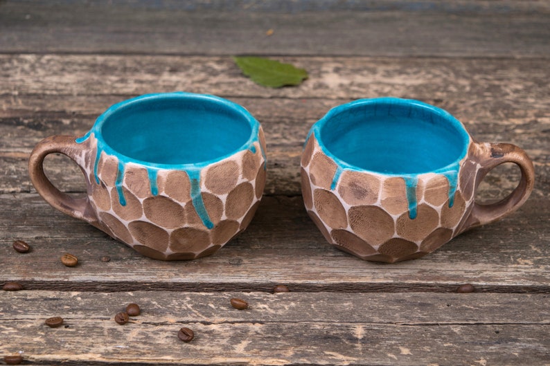 Set of two handmade pottery mugs with blue drips Ceramic mugs handmade, unique uneven clay mug, coffee drip mug, Convex mugs set image 10