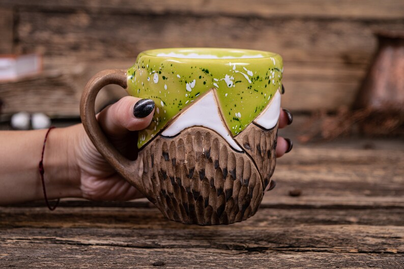 Mountain mug Ceramic mug handmade, Nature pottery, Everest mug, Ribbed handmade ceramics, Unique eco friendly ceramics, clay tea cup Green
