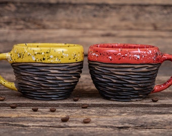 Bright coffee two mugs set | handmade dotted mugs, tea set, ceramic mugs handmade, clay ribbed mugs, red mug, yellow mug, cute couple gift