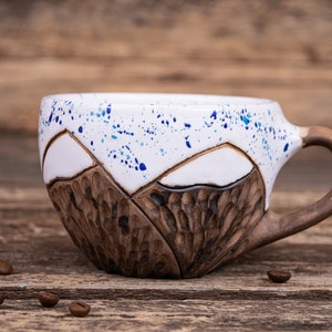 clay mountain mug pottery coffee cup, Nature ceramic mug, mountains lover gift, snow winter mug, snowy mountains mug, white dotted mug image 3