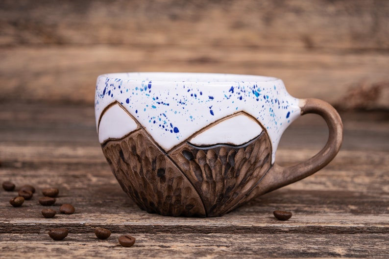 clay mountain mug pottery coffee cup, Nature ceramic mug, mountains lover gift, snow winter mug, snowy mountains mug, white dotted mug image 3