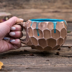 Set of two handmade pottery mugs with blue drips Ceramic mugs handmade, unique uneven clay mug, coffee drip mug, Convex mugs set image 2