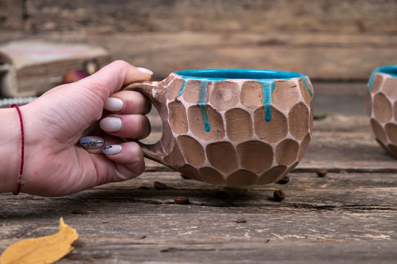 Set of two handmade pottery mugs with blue drips Ceramic mugs handmade, unique uneven clay mug, coffee drip mug, Convex mugs set image 2