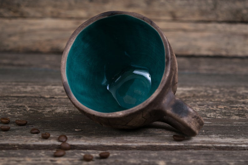 Handmade ceramic mug Pottery mug with leaf impressions, Unique leaf mug, Turquoise coffee mugs, Plant mug, Botanical mug, Nature clay mug image 4