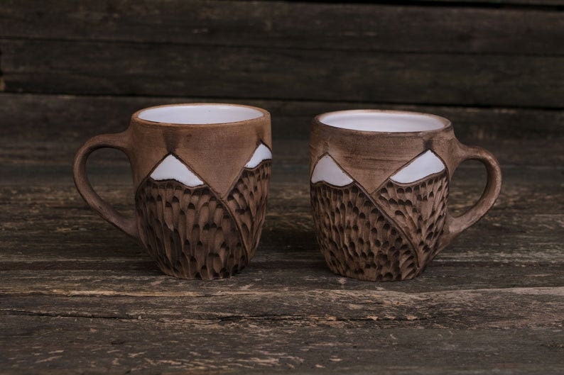 Juego de tazas de montaña de cerámica hechas a mano // Cerámica orgánica, Taza de montaña, Tazas de cerámica de la naturaleza, Tazas de cerámica hechas a mano, Tazas de gres grandes Brown