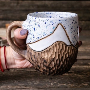 Mountain mug Ceramic mug handmade, Nature pottery, Everest mug, Ribbed handmade ceramics, Unique eco friendly ceramics, clay tea cup White